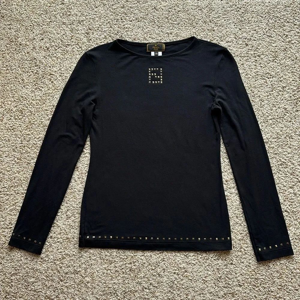 Fendi Maglia Women’s Black L/S Faux Studded Logo Shirt Italy IT 40 US S-M